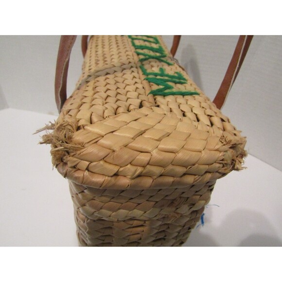 Vintage Mexican Woven Straw Purse Raffia Flowers Leather Straps Basket Box - Picture 8 of 10